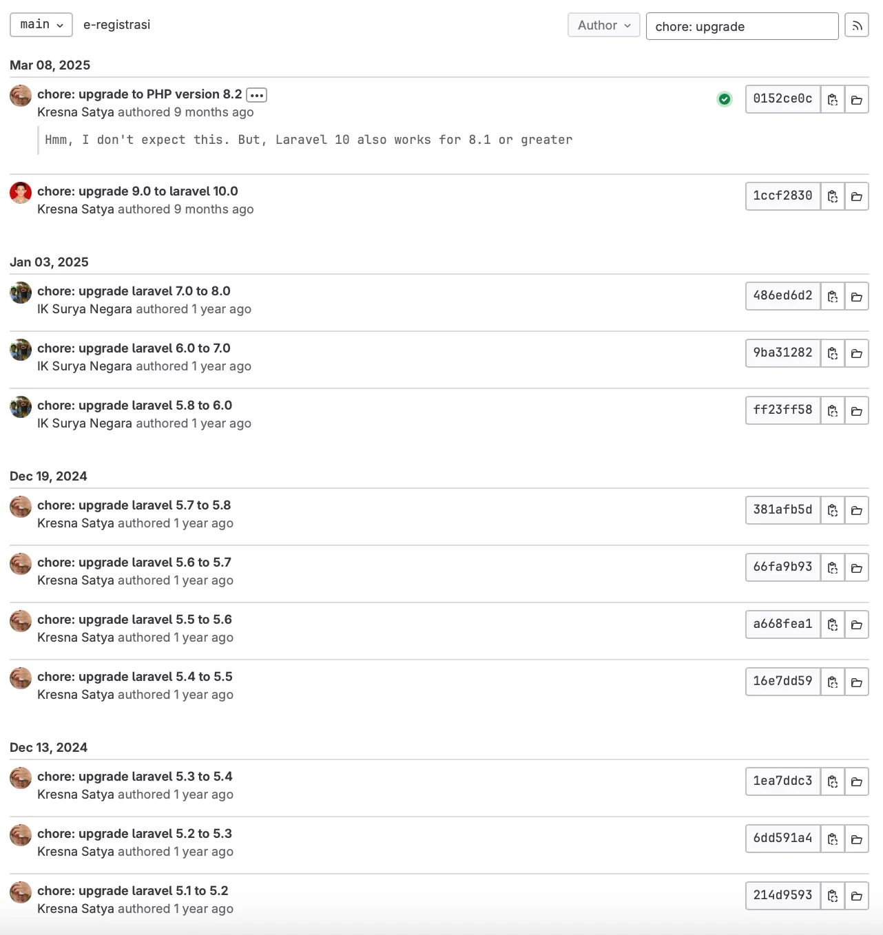 Picture of commit upgrade laravel eregistrasi