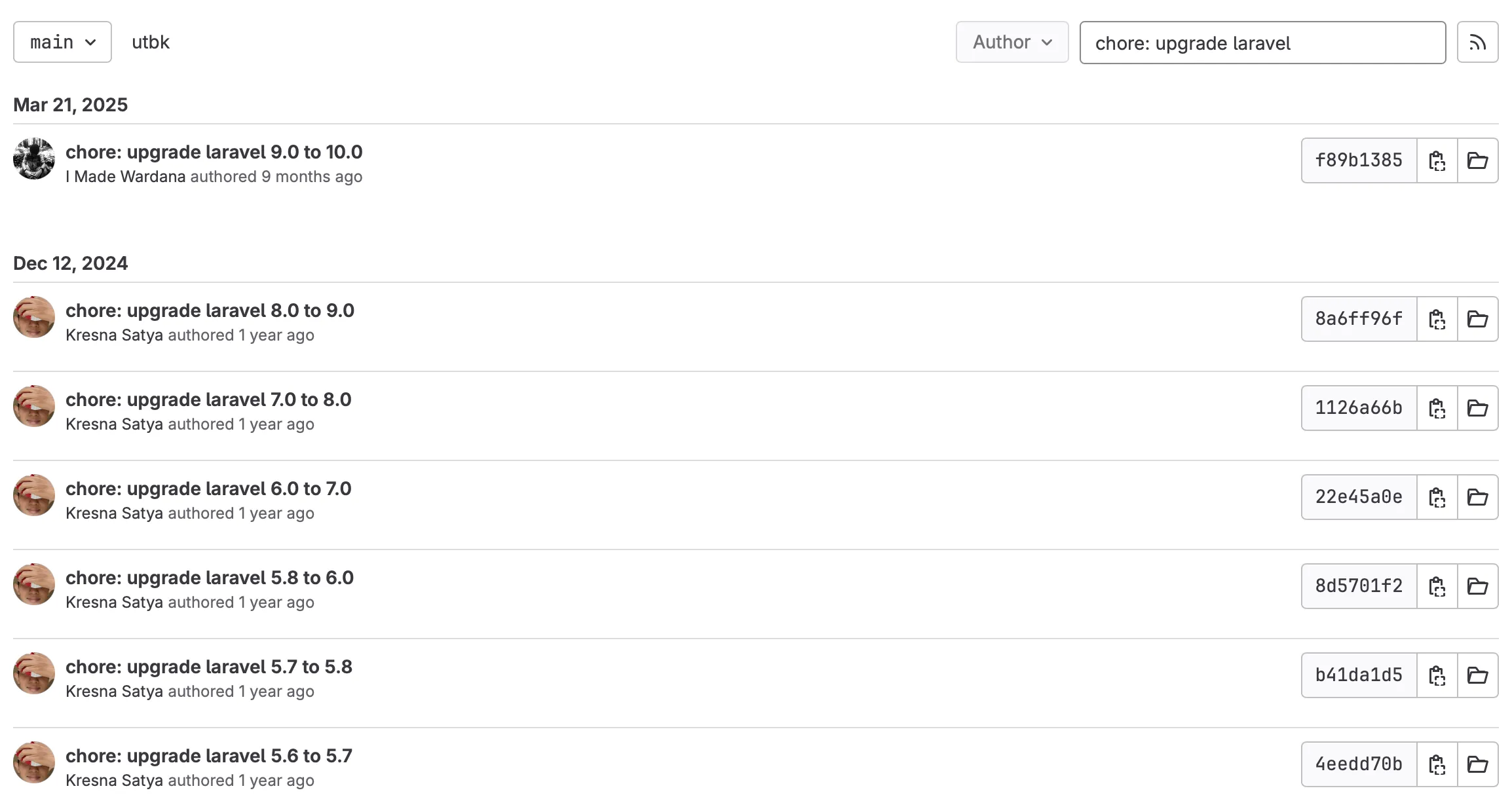 Picture of commit upgrade laravel utbk